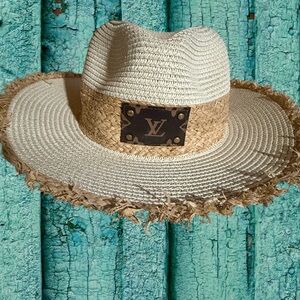 Chic White and Tan Straw Hat With LV Patch.